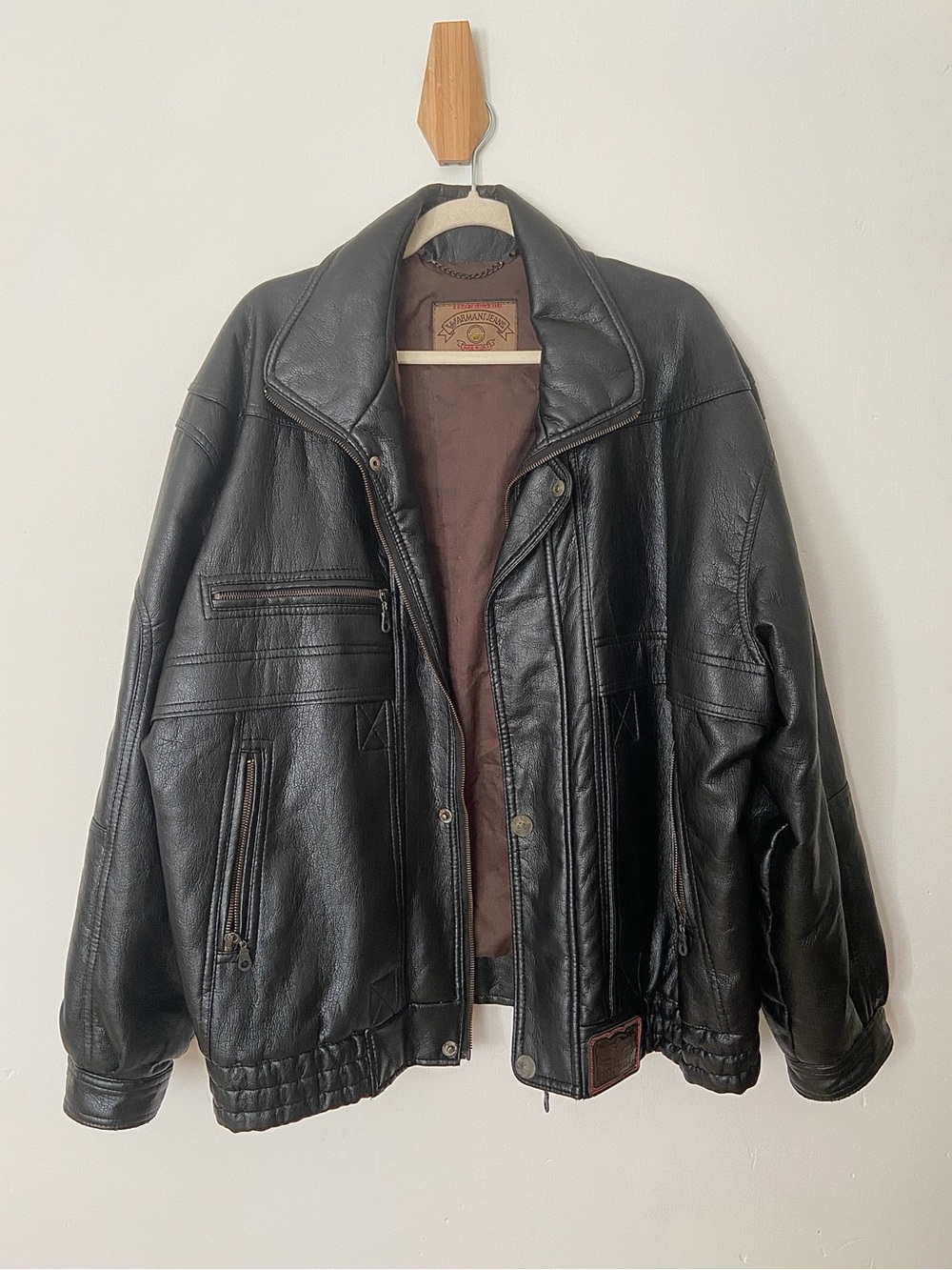 Vintage Armani Jeans Leather Bomber Jacket Black size XL 90s Heavy Leather